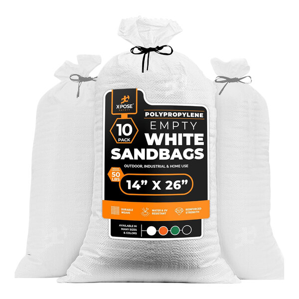 A group of white Xpose Safety woven polypropylene sandbags with black and orange labels.