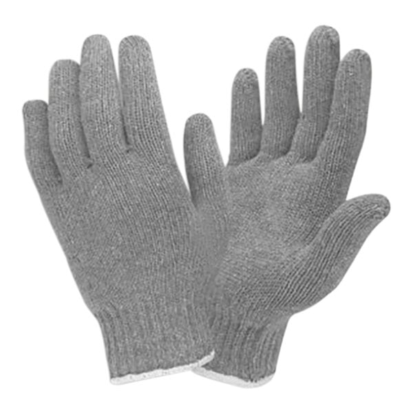 A close-up of a pair of Cordova gray knit work gloves.