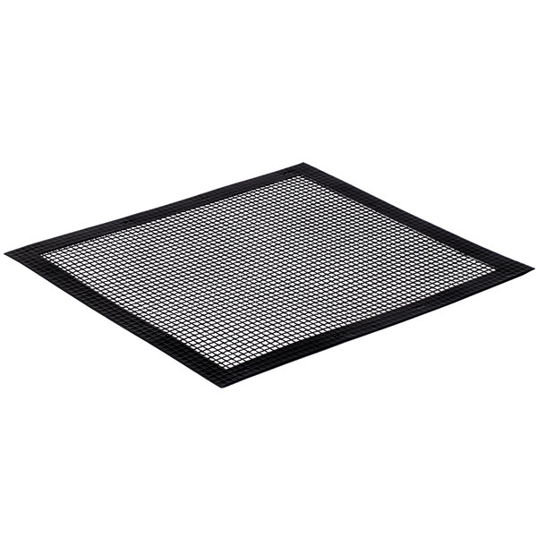 A black mesh screen with loose weave on a white background.