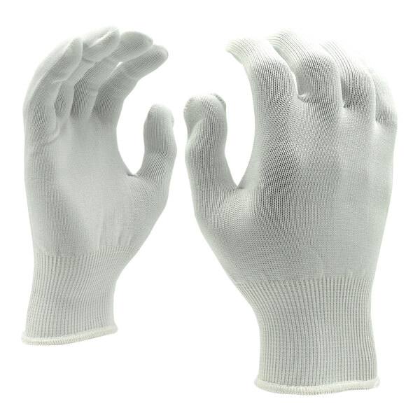A pair of white Cordova polyester work gloves.