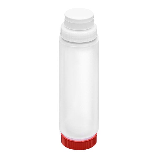 A clear plastic squeeze bottle with a white cap on top and a red cap on the bottom.