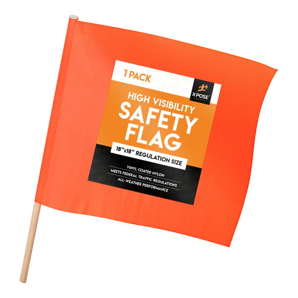 An Xpose Safety orange high-visibility safety flag on a wood stick.