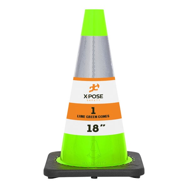 A lime green traffic cone with a white reflective collar.