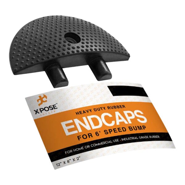 A black plastic Xpose Safety end cap for speed bumps with holes.