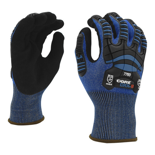 A pair of blue Cordova heavy duty gloves with black and blue accents.