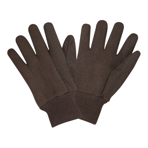 A pair of Cordova brown jersey gloves with large PVC dots on the palms.