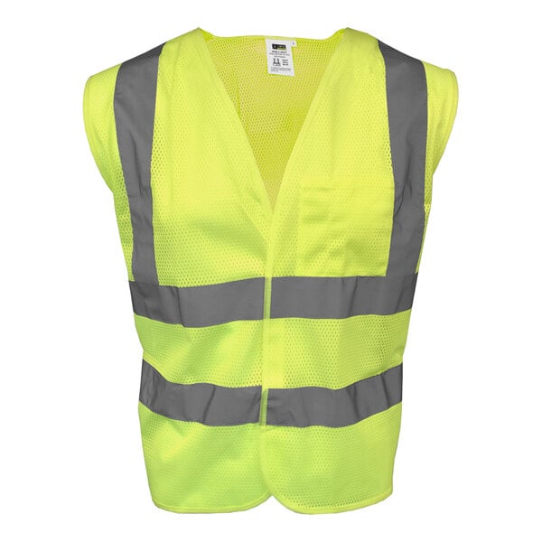 A Cordova lime yellow safety vest with grey reflective stripes.