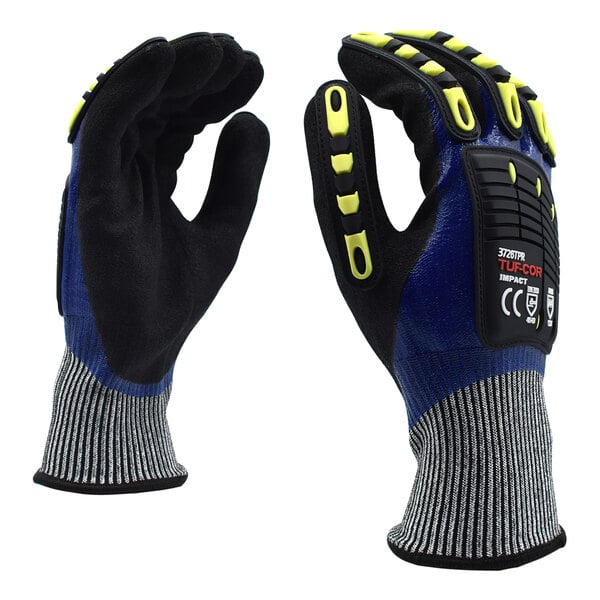 A pair of Cordova Tuf-Cor Impact gloves with blue and yellow 2-layer nitrile coating and yellow and black TPR reinforcements.