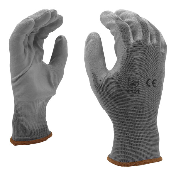 A close-up of a pair of Cordova gray nylon gloves with gray polyurethane palm coating.