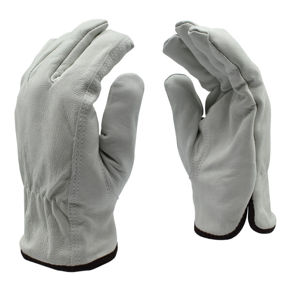 A close-up of a pair of white leather Cordova driver's gloves with red fleece lining.