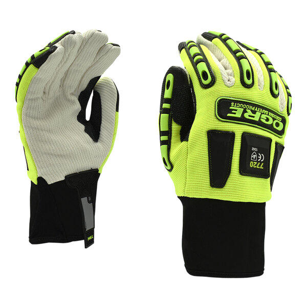 A pair of lime green Cordova heavy duty work gloves with black canvas palm coating and TPR reinforcements.