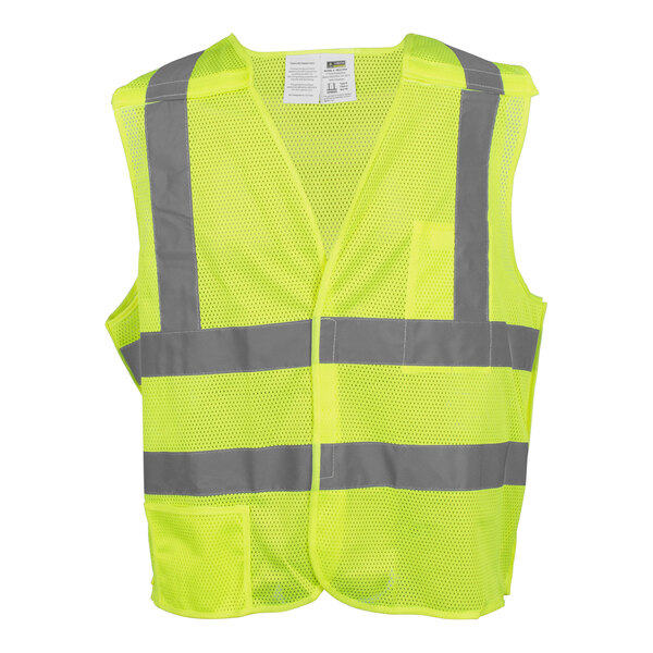 A lime yellow safety vest with grey reflective stripes.