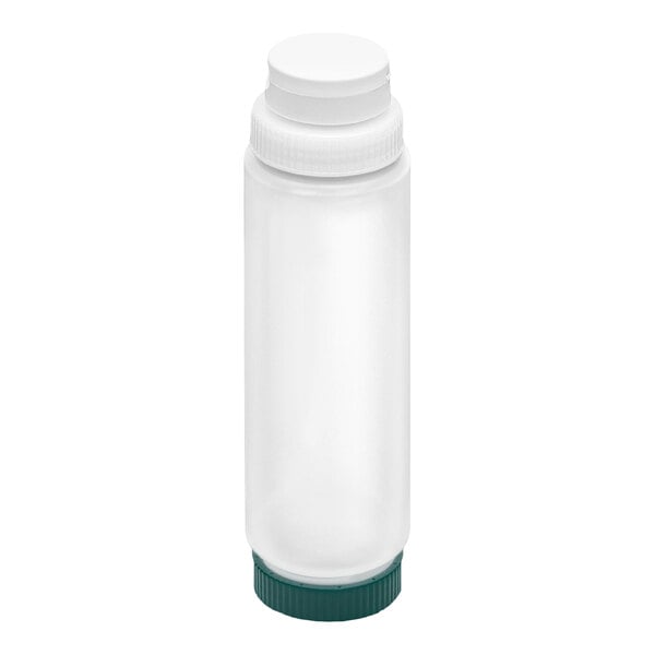 A clear plastic squeeze bottle with a white cap on top and a green cap on the bottom.