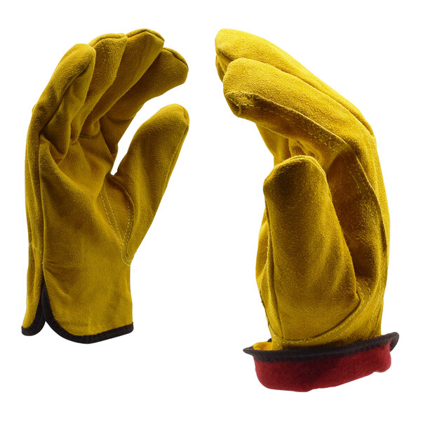 A pair of yellow leather Cordova Russet driver's gloves with red fleece lining.