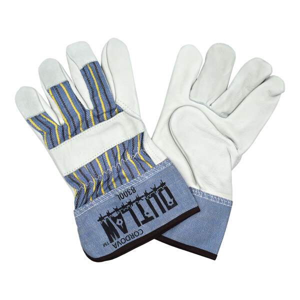 A pair of Cordova Outlaw work gloves with striped canvas and leather palms on a white background.