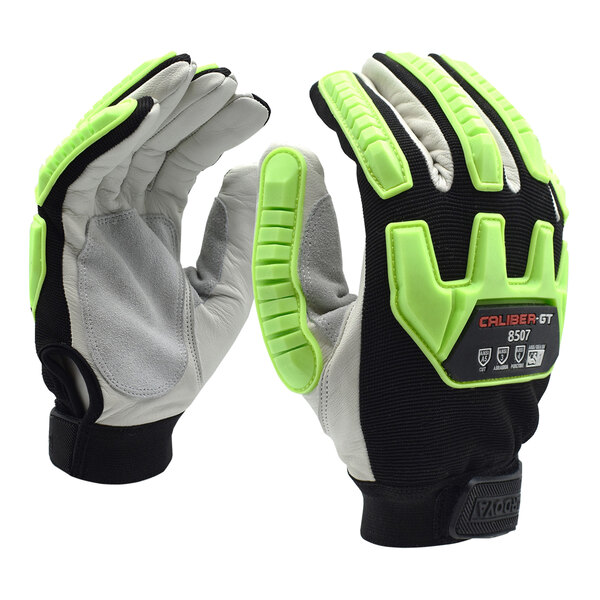 A close-up of a pair of Cordova warehouse gloves with green and black accents.