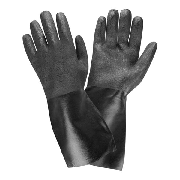 A pair of black Cordova PVC gloves with interlock lining.