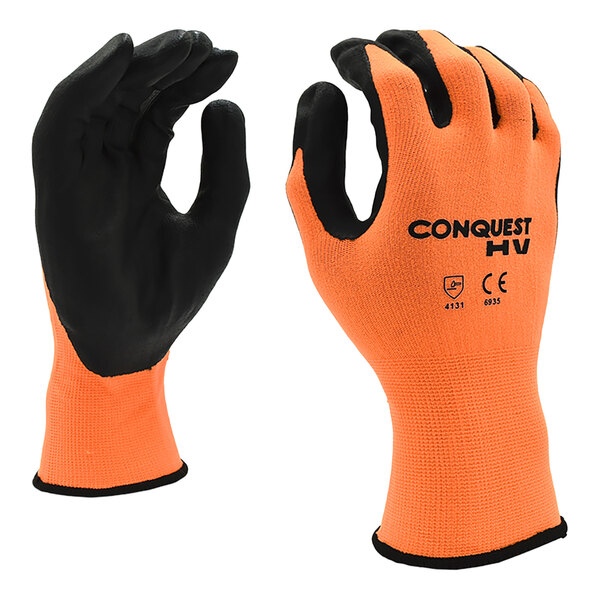 A pair of small Cordova warehouse gloves with black and orange trim on the palm.