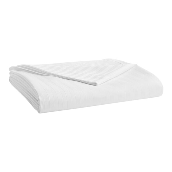 A folded white Garnier-Thiebaut queen size flat sheet with a tone-on-tone striped pattern.