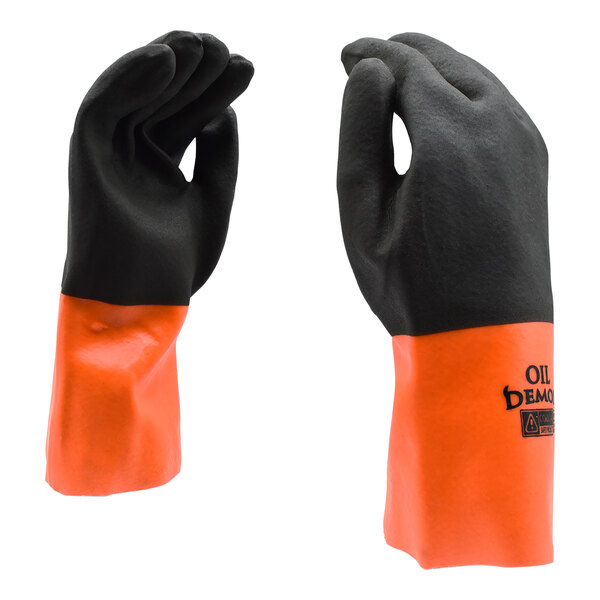 A close-up of a black and orange Cordova PVC warehouse glove.