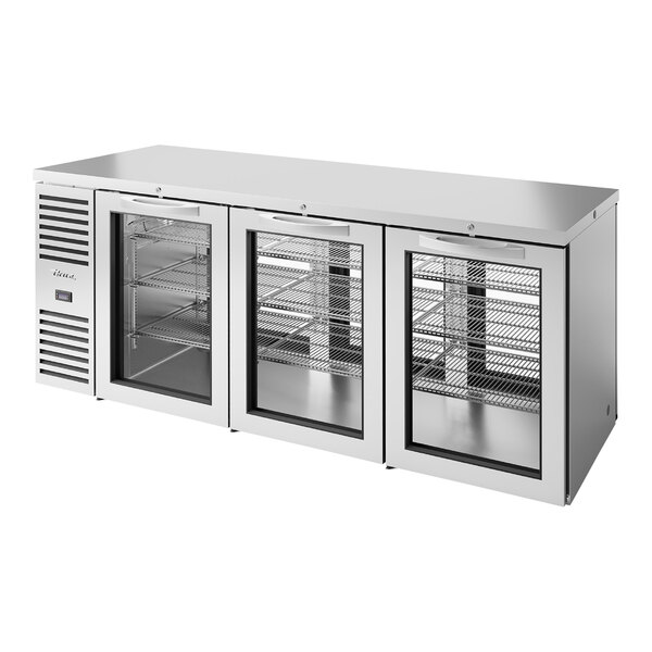 A stainless steel True back bar refrigerator with three glass doors.