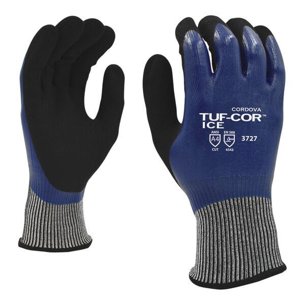 A pair of Cordova Tuf-Cor Ice Salt and Pepper gloves with blue and black nitrile coating.