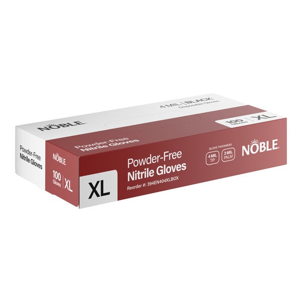 A box of Noble brand extra large powder-free nitrile gloves.
