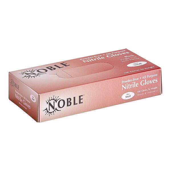 A pink Noble Products box of black Nitrile disposable gloves on a counter.