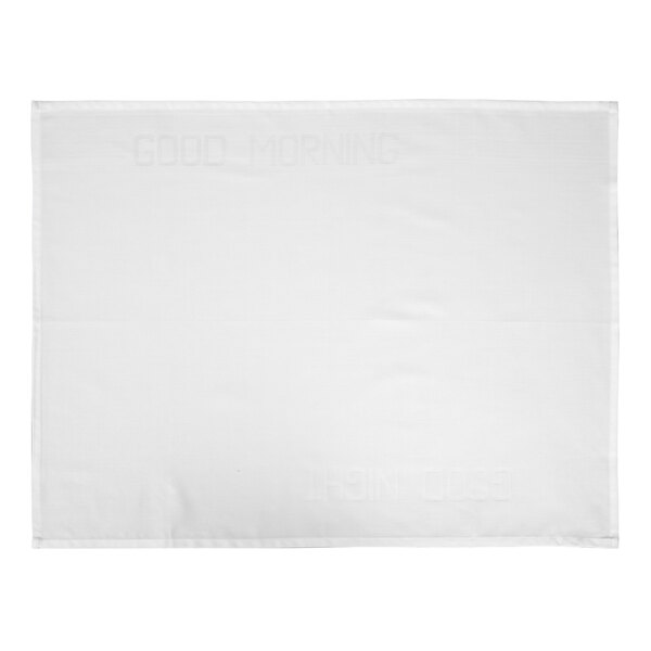 A white cloth mat with the text "Good Morning-Good Night" in black.