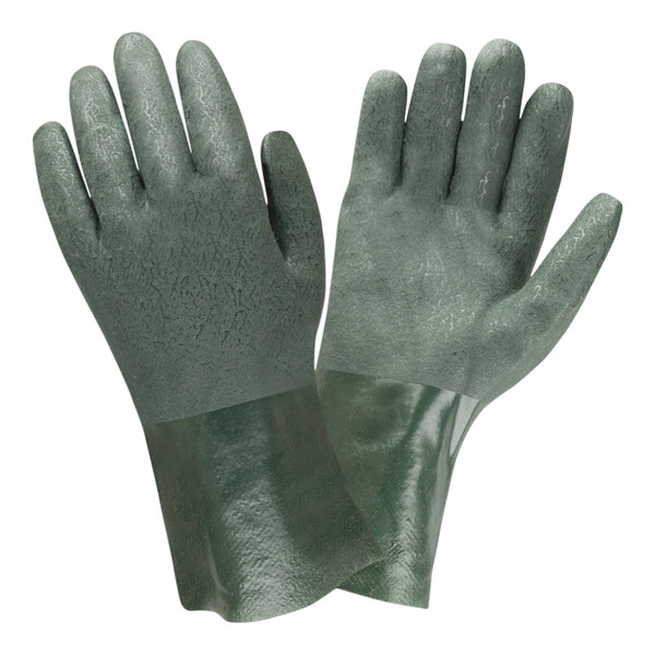 A close-up of a pair of green Cordova PVC gloves with jersey lining.