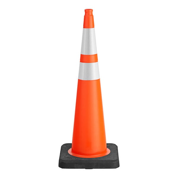 An Xpose Safety orange and white traffic cone on a black base.