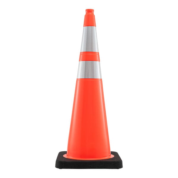 A tall orange traffic cone with a black base and two reflective white collars.