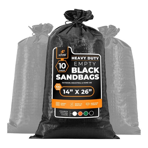 A close-up of a black Xpose Safety heavy-duty woven polypropylene sandbag with white text.