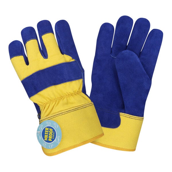 A pair of yellow and blue Cordova work gloves.