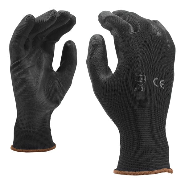 A pair of small black Cordova warehouse gloves with a black polyurethane palm coating.