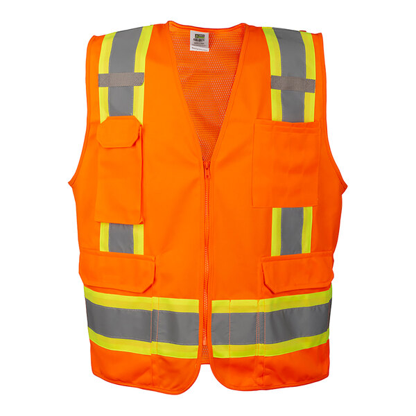 A Cordova orange safety vest with yellow and grey reflective stripes on the back.