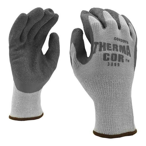A pair of Cordova gray thermal terry gloves with gray latex coating on the palms.
