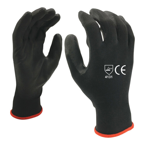 A close-up of a pair of black Cordova nylon gloves with black polyurethane palm coating.