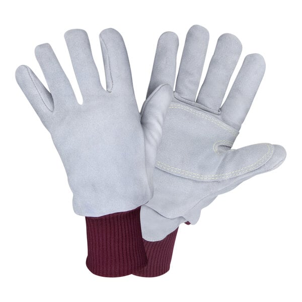 A pair of Cordova gray leather gloves with red stitching on a white background.