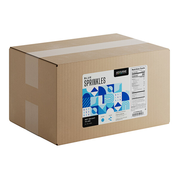 A large cardboard box labeled as containing 10 pounds of Adourne Blue Sprinkles.