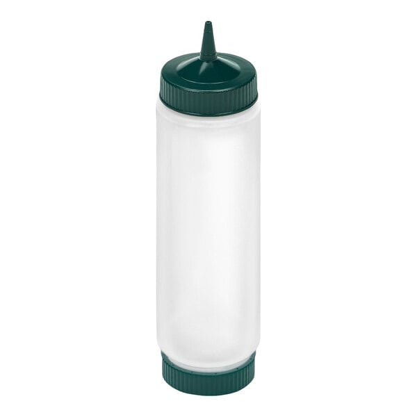 A clear plastic squeeze bottle with a green pointed cap and a matching green base cap.