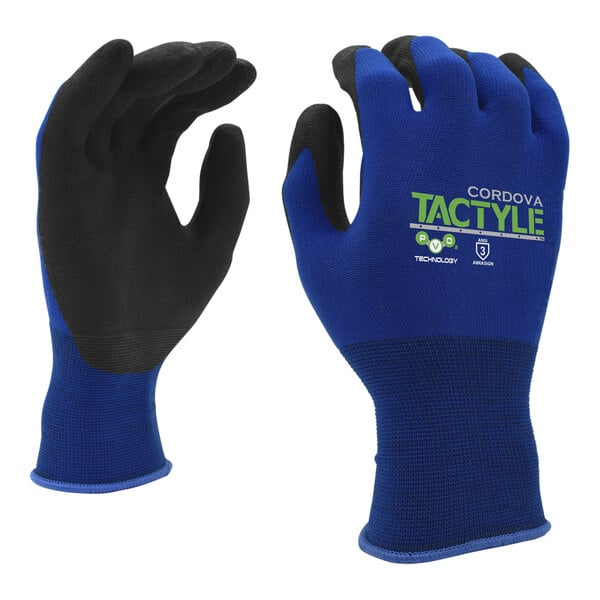 A pair of medium blue Cordova Tactyle gloves with black PVO2 palm coating.