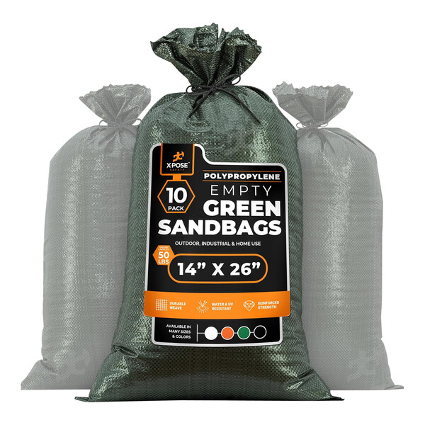 A black package with white text containing 10 green Xpose Safety sandbags.