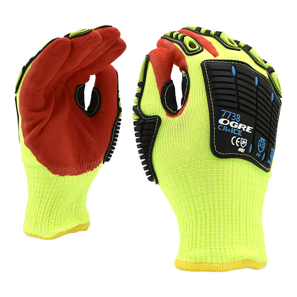 A pair of yellow and red heavy duty work gloves with black and red accents.