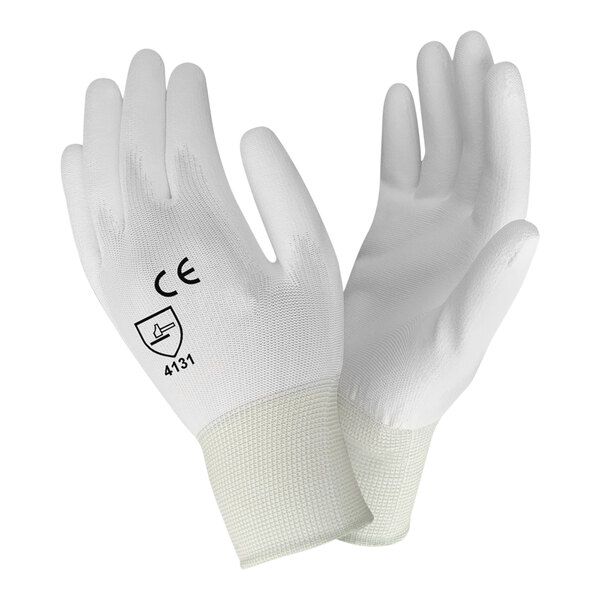 A close-up of a pair of Cordova white nylon gloves with white polyurethane palm coating.