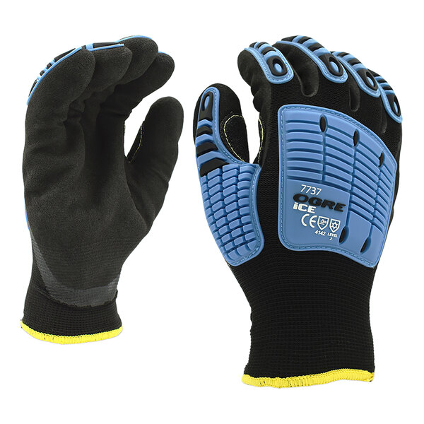 A close-up of a pair of black and blue Cordova OGRE work gloves.