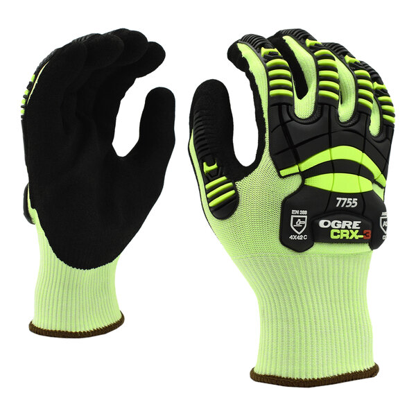 A pair of Cordova heavy duty work gloves with green and black accents.