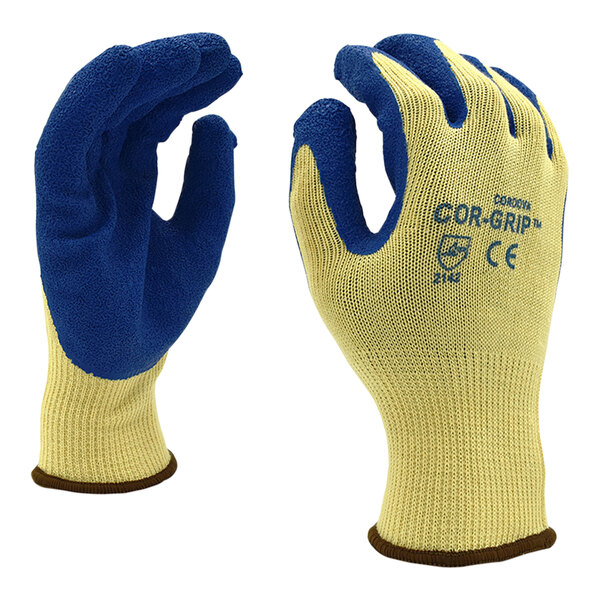 A pair of yellow Cordova gloves with blue crinkle latex coating.