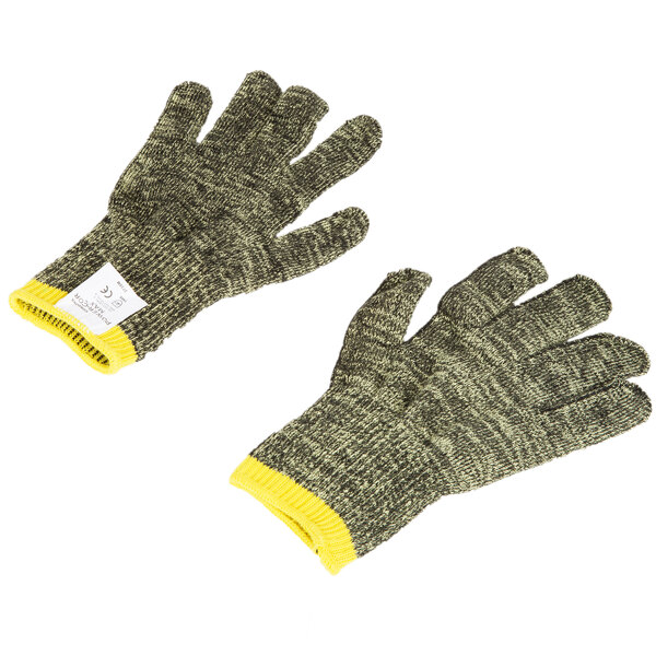 A pair of small Cordova cut-resistant gloves with yellow trim on a white background.