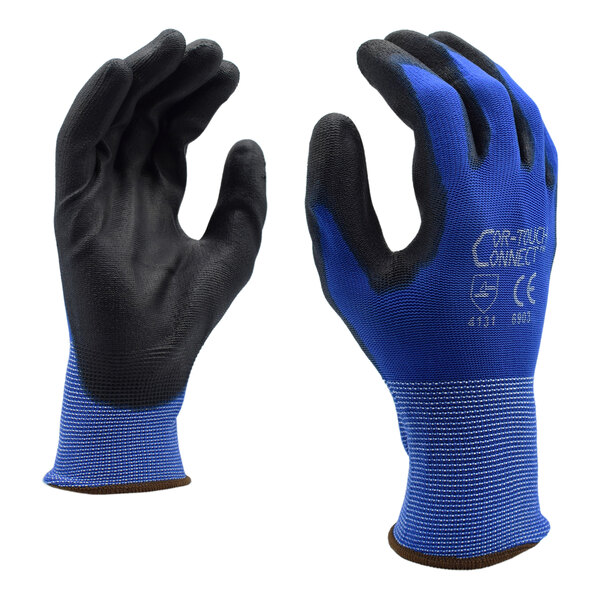 A close-up of a pair of blue and black Cordova work gloves with black polyurethane palms.